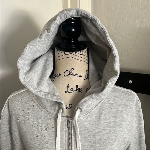 Free People Distressed Rips Holes Cropped Zipper Gray Women's Hoodie Sweatshirt - Picture 2 of 12